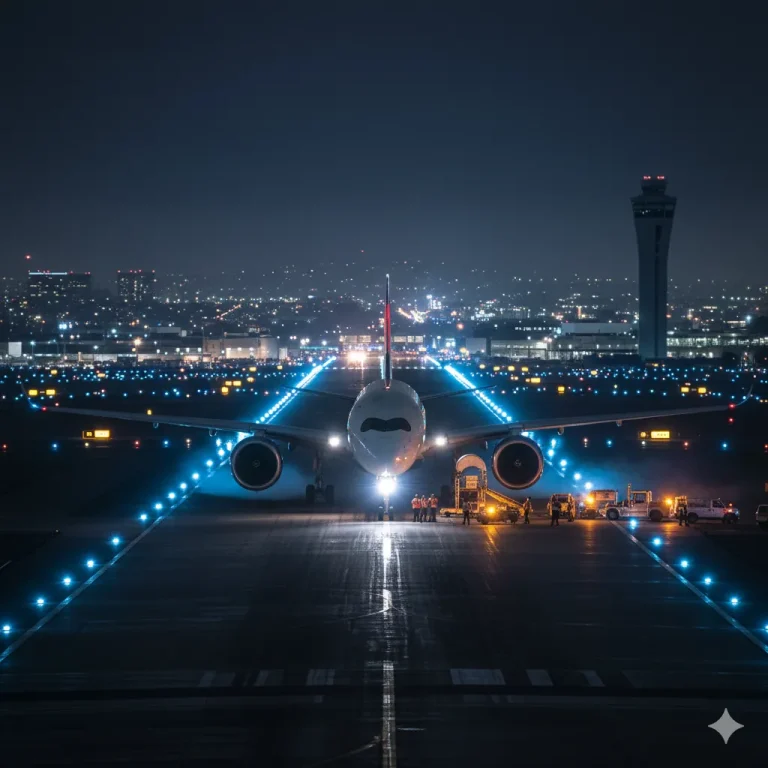 Delta Airlines Airbus A350 landing at LAX after mid-flight diversion due to engine issue — night scene with runway lights and safety crew.