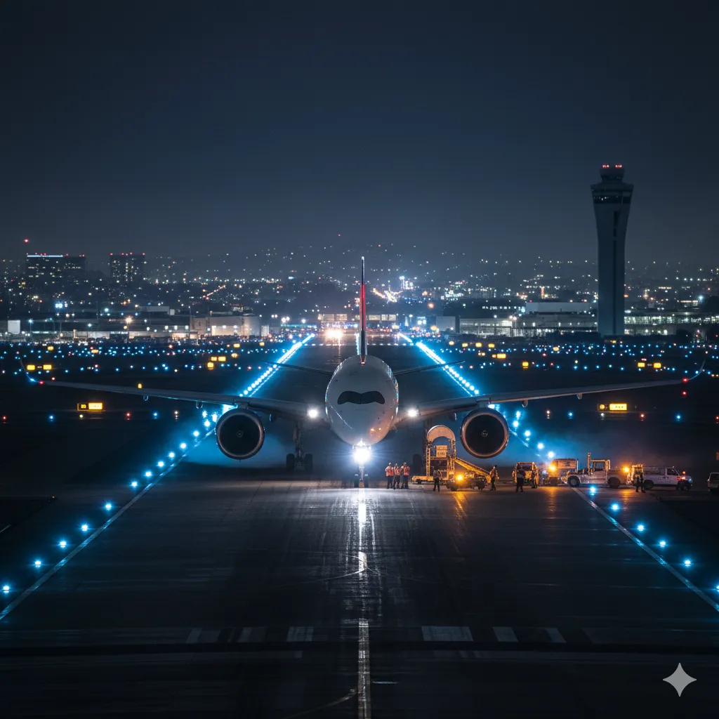 Delta Airlines Airbus A350 landing at LAX after mid-flight diversion due to engine issue — night scene with runway lights and safety crew.