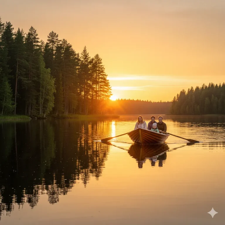 Finnish family enjoying a veneajelu boat trip at sunset on a calm lake surrounded by forest and golden reflections.