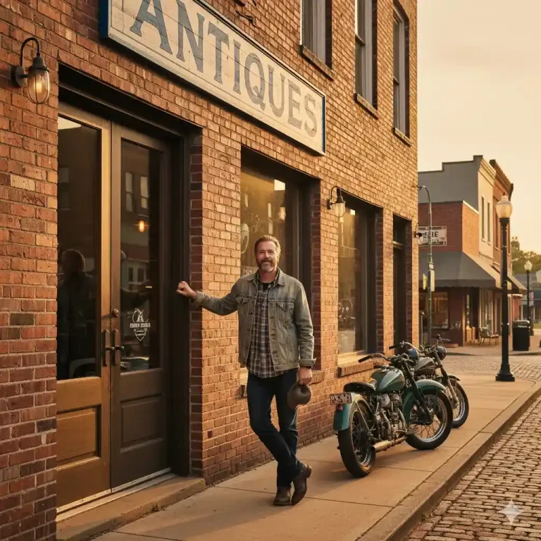 Mike Wolfe stands beside a restored historic building in Columbia, Tennessee, symbolizing his passion project to revive small-town America through preservation and design.