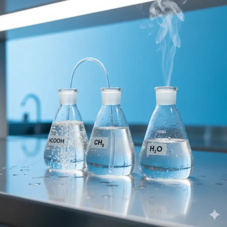 Laboratory setup showing formic acid (HCOOH), methylene (CH₂), and water (H₂O) used together in a chemical reaction.