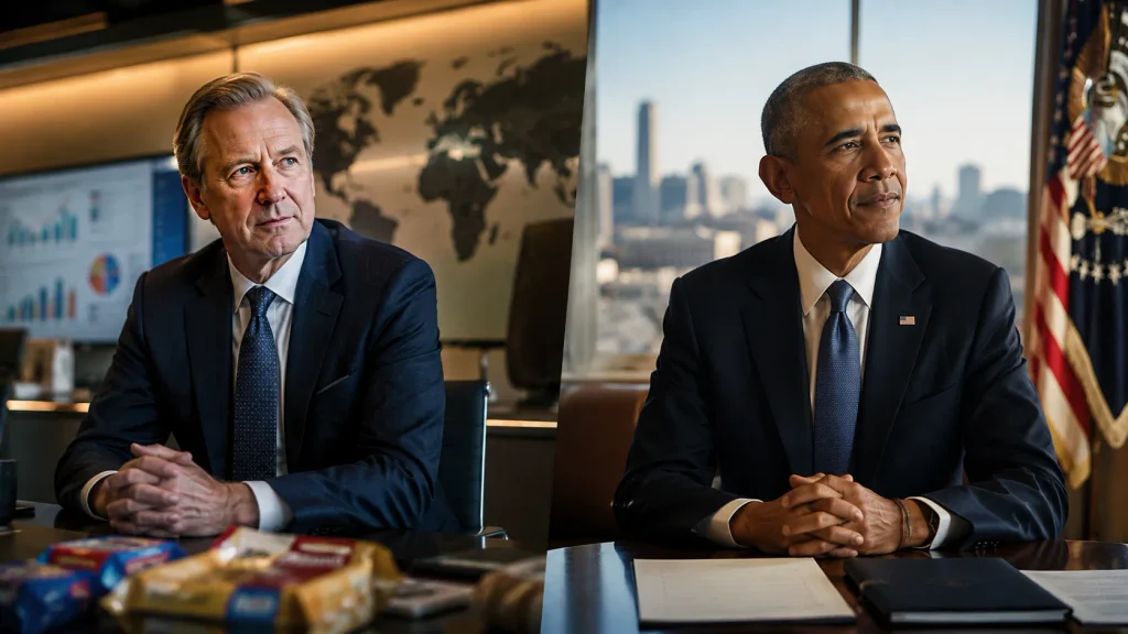 Dirk Van de Put and Barack Obama represented in a split-screen editorial leadership scene.