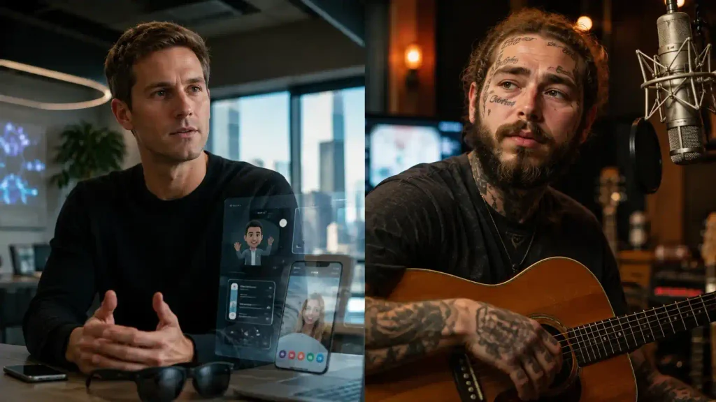 Evan Spiegel and Post Malone representing technology entrepreneurship and modern music careers.