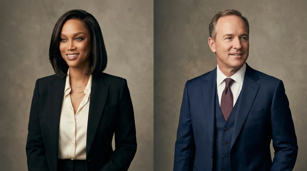 Tyra Banks and Greg Hayes represented in a professional split portrait composition.