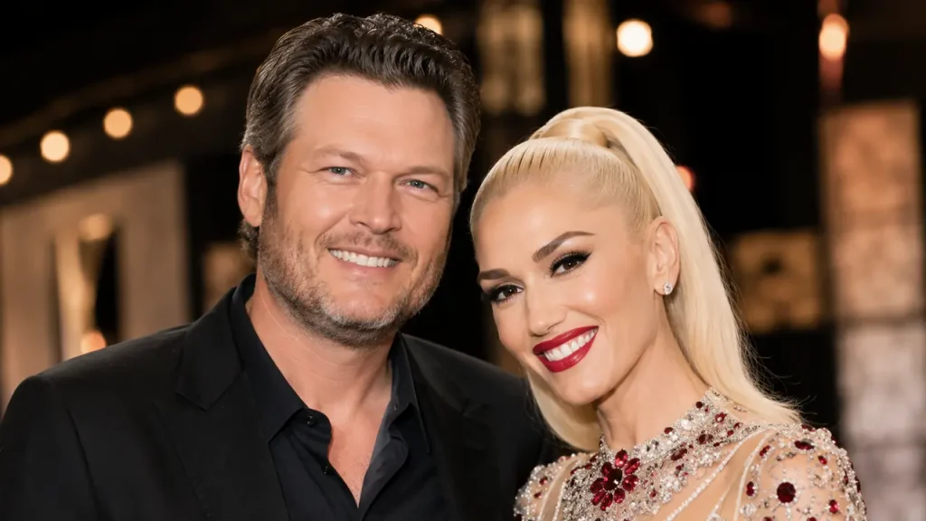 Blake Shelton and Gwen Stefani in a polished editorial portrait representing their marriage and musical partnership.