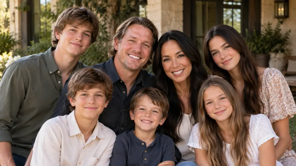 Chip and Joanna Gaines with their five children in a warm Texas farmhouse setting.