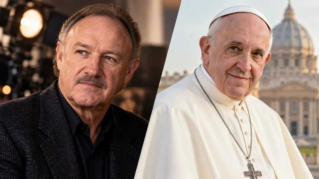 Gene Hackman and Pope Francis portrayed in a respectful editorial remembrance image.