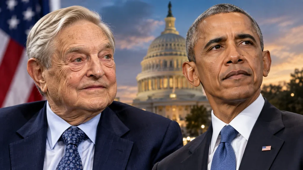 George Soros and Barack Obama represented together in an editorial political news image.