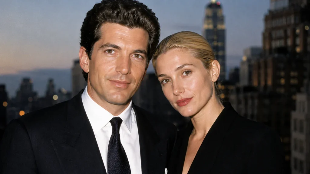 John F. Kennedy Jr. and Carolyn Bessette in a refined 1990s editorial-style portrait.