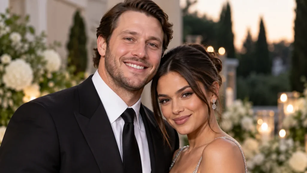 Josh Allen and Hailee Steinfeld together at an elegant California outdoor setting.