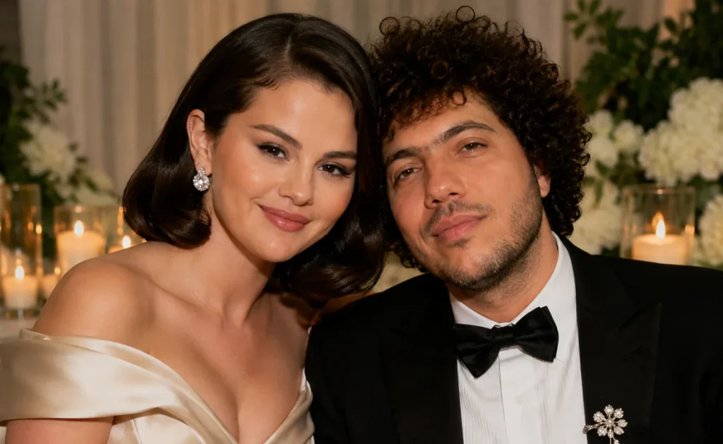 Selena Gomez and Benny Blanco posing together in an elegant wedding-inspired editorial setting.