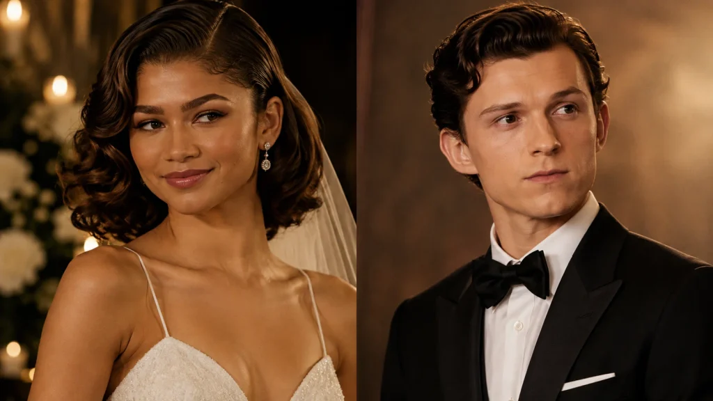 Zendaya and Tom Holland represented in a sophisticated editorial wedding-themed portrait.