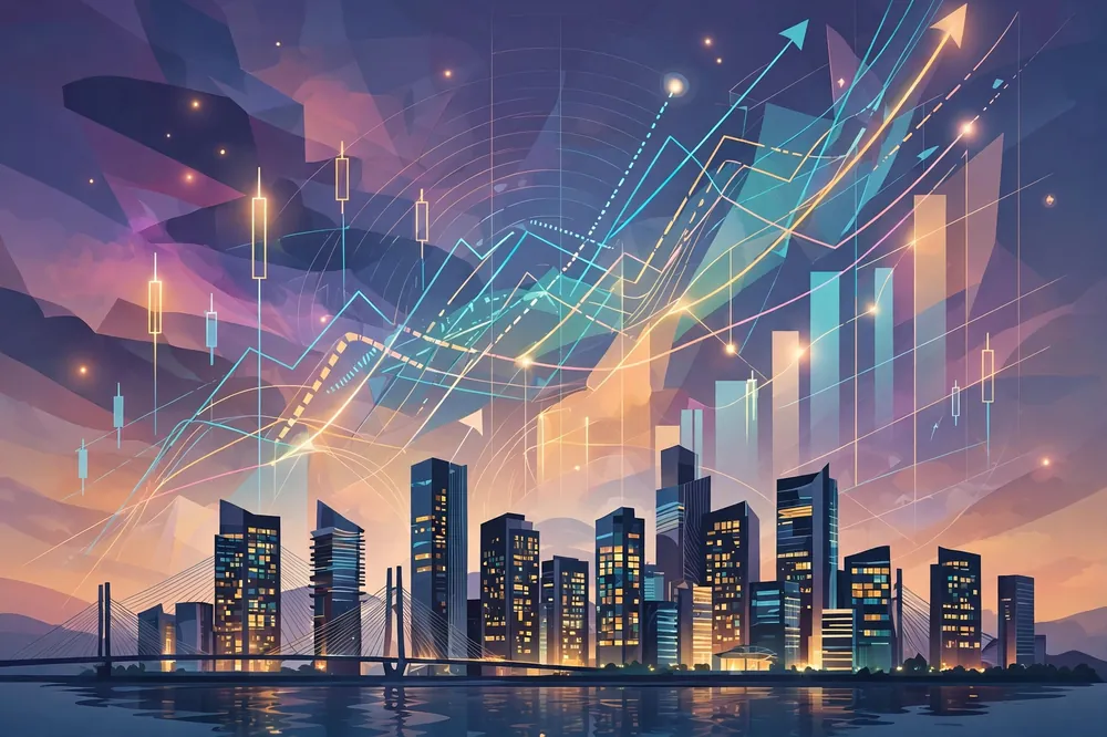 Stock market charts and business skyline