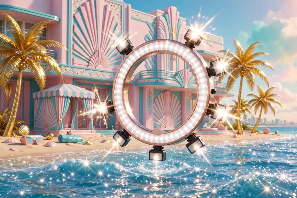 Eye-catching 3D render of a Miami beach scene with golden palm trees, art deco sunburst motifs and a floating ring light with camera flashes