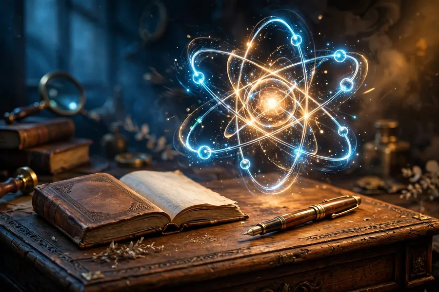 3D render of a glowing atom model beside a vintage book for the Einstein and Churchill story