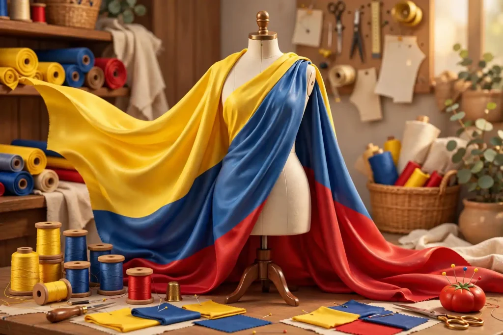 Glossy 3D render of a dress form mannequin draped in fabric with Colombian flag color accents in a fashion atelier