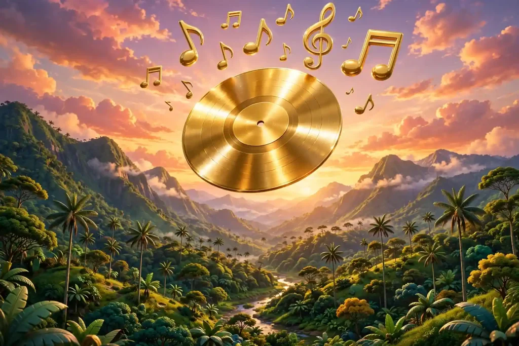 Glossy 3D render of a golden vinyl record with musical notes over a tropical Colombian mountain landscape
