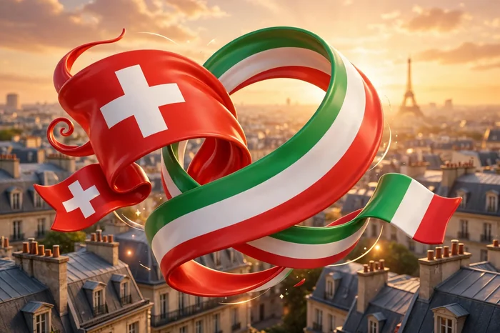 Glossy 3D illustration of Swiss and Italian heritage ribbons swirling over Parisian rooftops at golden hour