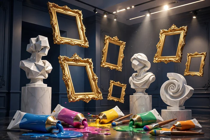 Glossy 3D illustration of an art gallery scene with floating golden frames, marble sculptures, and paint tubes