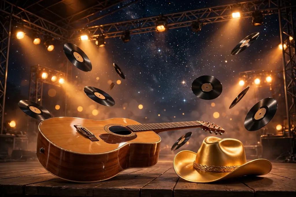 Vibrant 3D illustration of an acoustic guitar on a country concert stage with a golden cowboy hat and vinyl records under warm stage lights