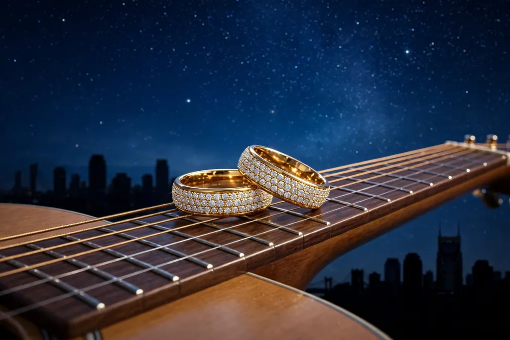 Eye-catching 3D render of two golden wedding bands on a guitar neck against a Nashville skyline under a starry night sky, symbolizing Alexis Wilkins's engagement to Kash Patel