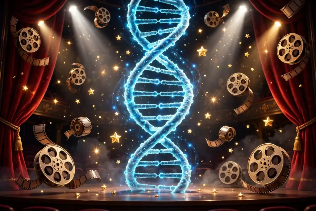 Vibrant 3D illustration of a glowing DNA helix on a theater stage with dramatic spotlights, golden stars, and film reels