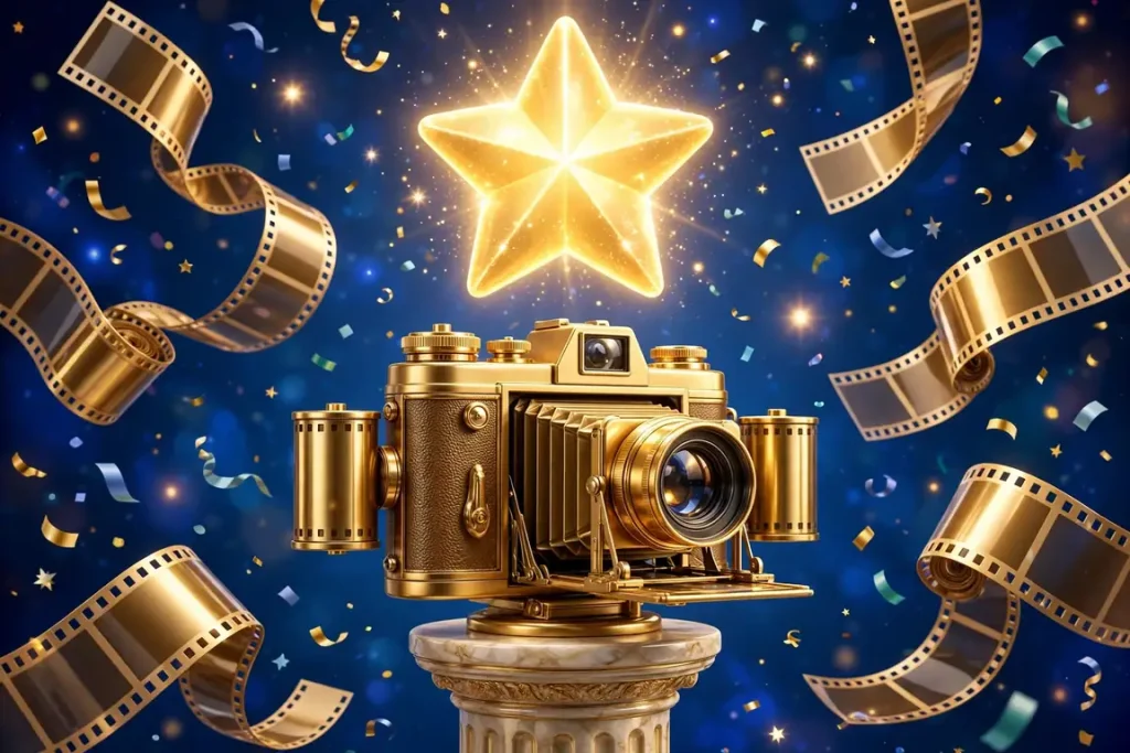 Eye-catching glossy 3D render of a vintage golden film camera with a glowing star above it, film strips, and confetti on deep blue