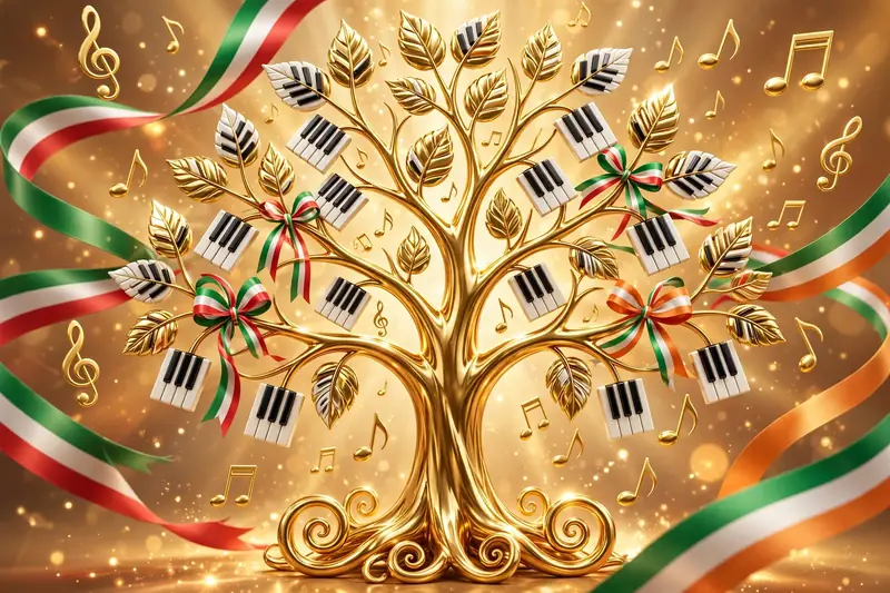 Glossy 3D render of a golden family tree with piano-key leaves and floating musical notes wrapped in Italian and Irish colored ribbons