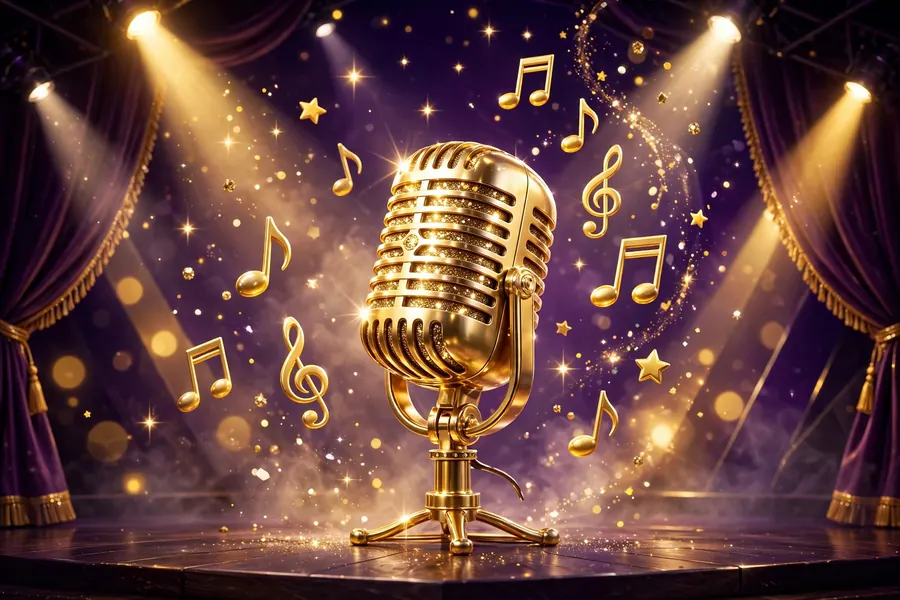 Sparkling 3D render of a golden vintage microphone on a concert stage with spotlights, floating music notes and stars in purple and gold