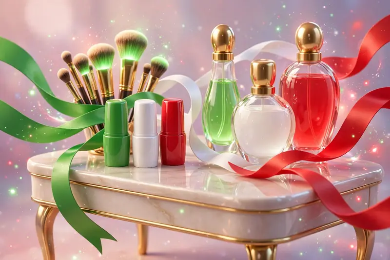 Vibrant 3D illustration of a vanity table with glowing makeup brushes and lipstick beside flowing green, white, and red ribbons symbolizing Alix Earle's Italian roots
