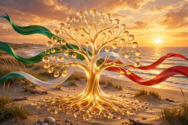 Eye-catching 3D render of a golden New Jersey shoreline sunset with a stylized family tree and Italian flag colors, representing Alix Earle's upbringing and heritage