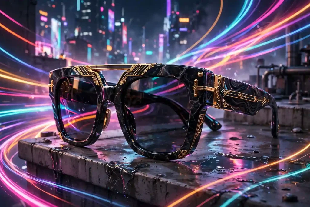 Oversized glossy black marble 3D sunglasses with gold accents on a neon-lit urban rooftop at night, evoking Amber Rose's fashion persona