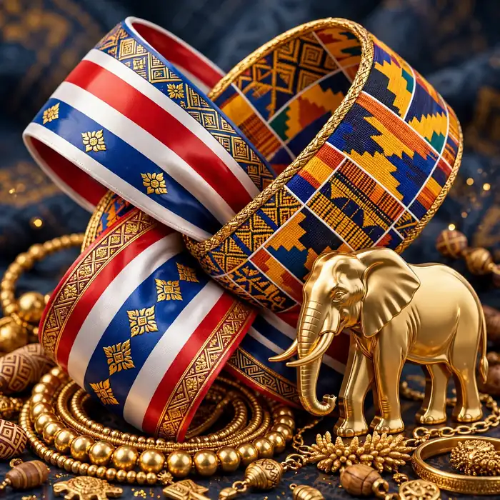Glossy 3D illustration of Thai and African heritage ribbons intertwining with an elephant silhouette and golden jewelry
