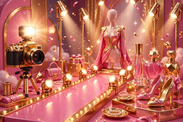 Glossy 3D illustration of a fashion model world with a camera, runway spotlights, perfume bottles, and high heels