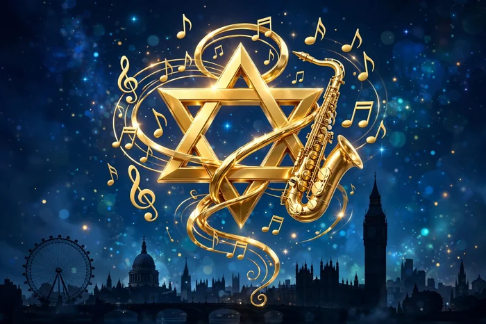 Glossy 3D illustration of a golden Star of David entwined with musical notes and a saxophone over the London skyline