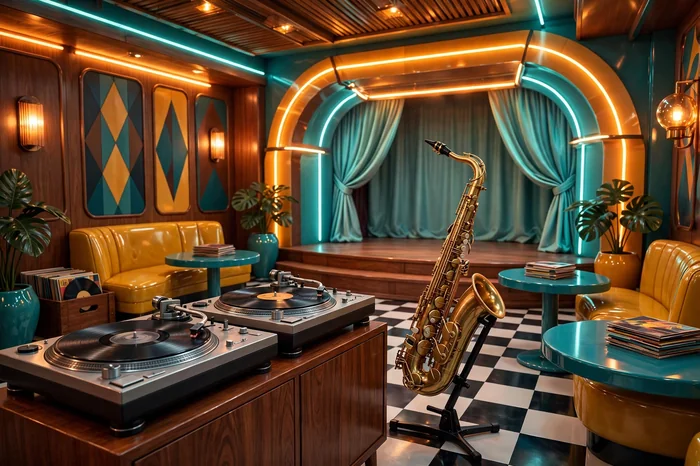 Glossy 3D illustration of a retro 1960s soul jazz club with a saxophone, spinning vinyl records, and neon stage lights
