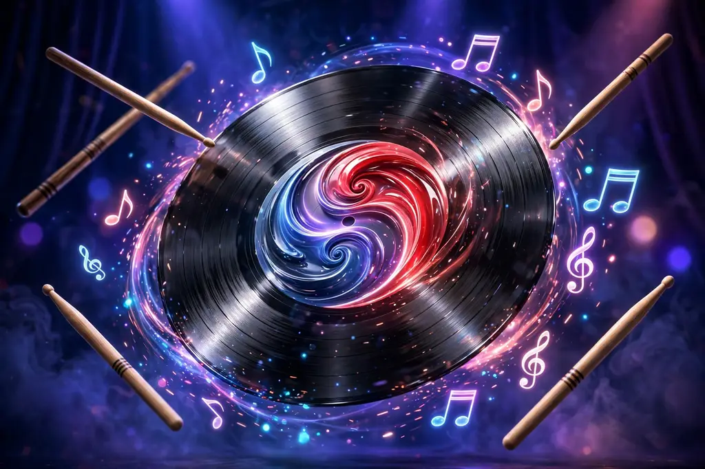 3D render of a vinyl record with red and blue swirling curves and floating drumsticks