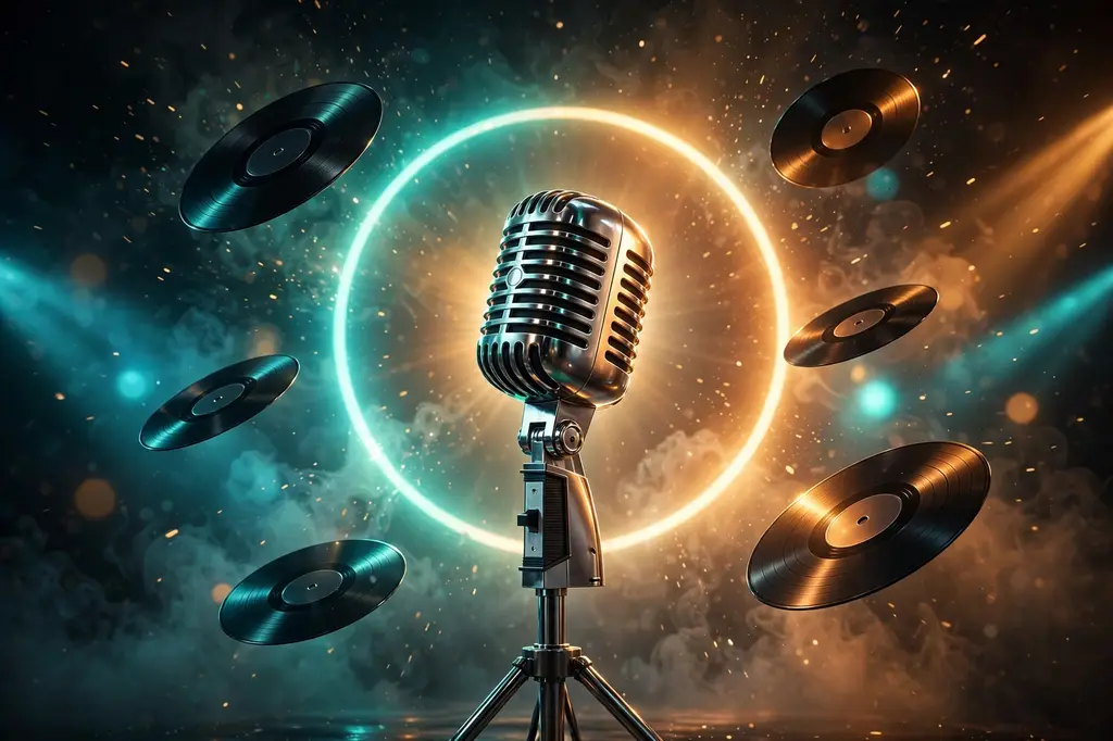 3D render of a chrome vintage microphone with floating vinyl records and warm stage lighting