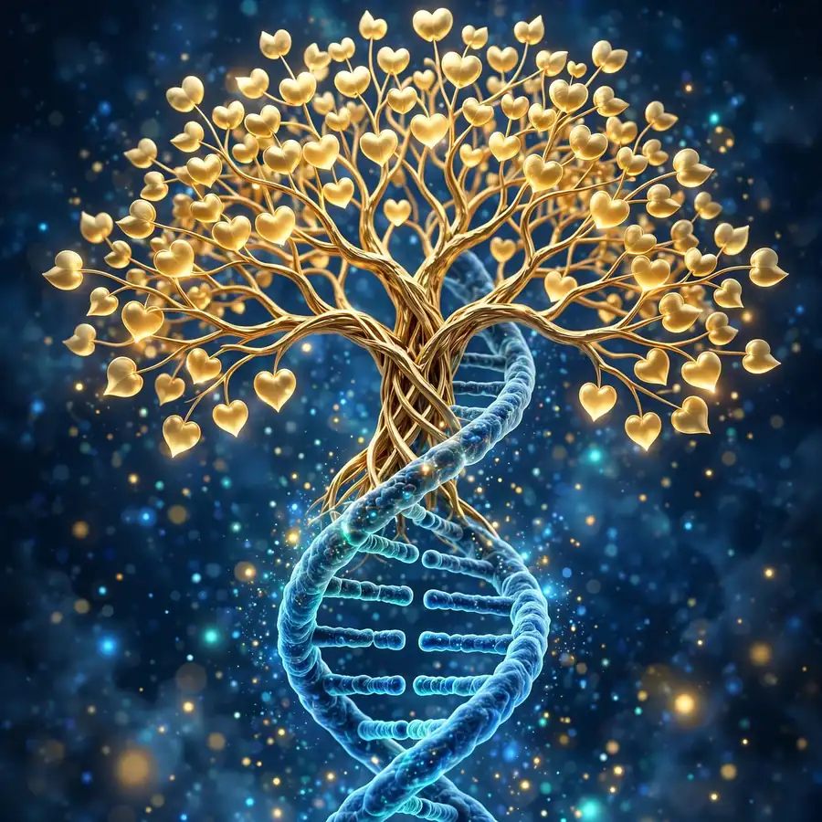 3D family tree and DNA artwork symbolizing the distant cousin connection between Angelina Jolie and Hillary Clinton