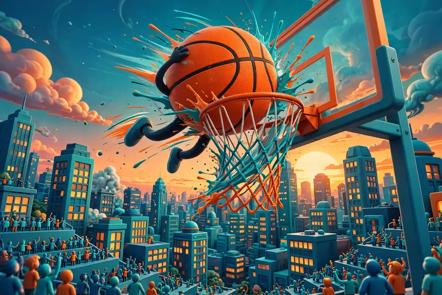 3D basketball scene with a huge orange basketball soaring over a sunset city skyline, inspired by the Shaquille O'Neal side of the pairing