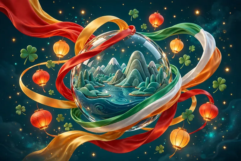 Glossy 3D render of a glass globe wrapped in Chinese red-gold and Irish green-white-orange silk ribbons, with paper lanterns and clover leaves orbiting on a starry teal night sky