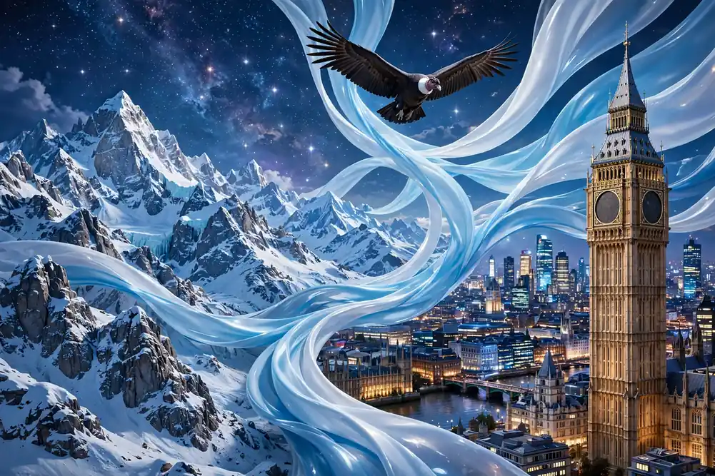 Eye-catching 3D render of the snow-capped Andes blending into the London skyline with a soaring condor and flowing ribbons