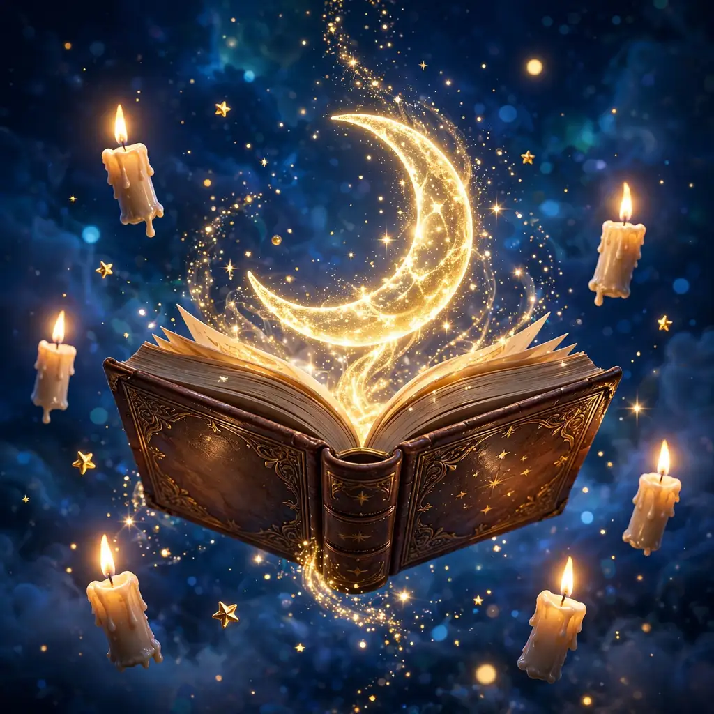 3D render of an open storybook with magical sparkles, stars and a crescent moon rising from its pages