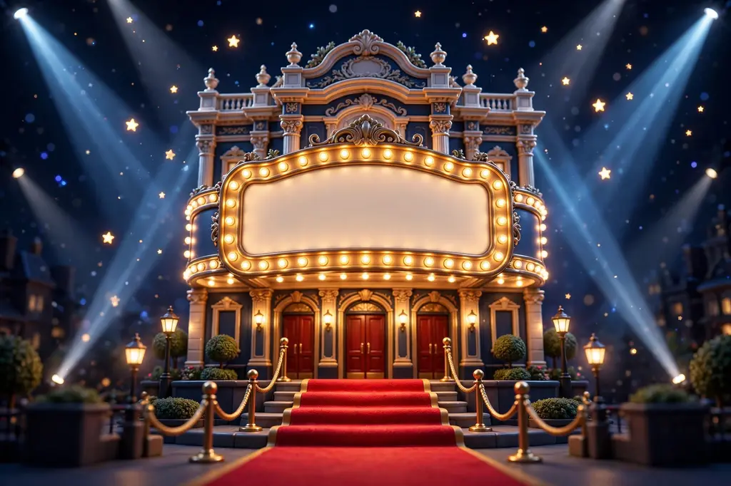 3D render of a London West End theater facade at night with a blank glowing marquee