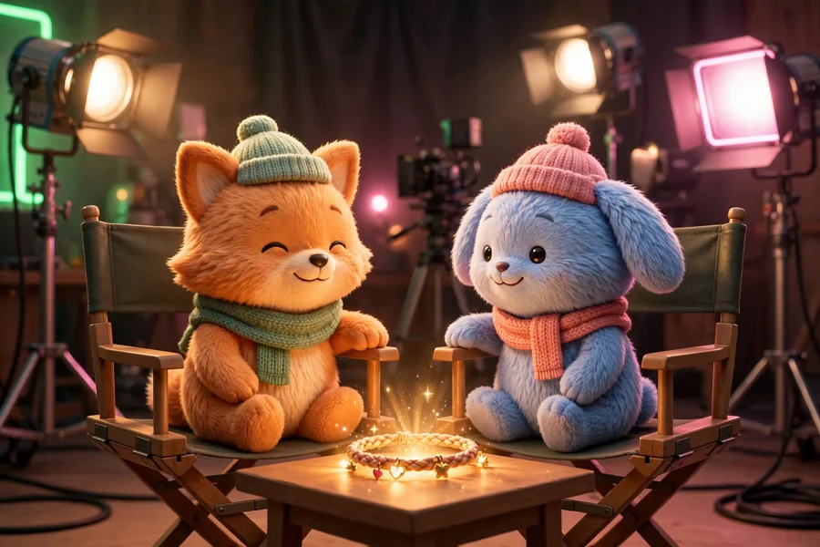 3D render of two best friends on a film set with director chairs and studio lights