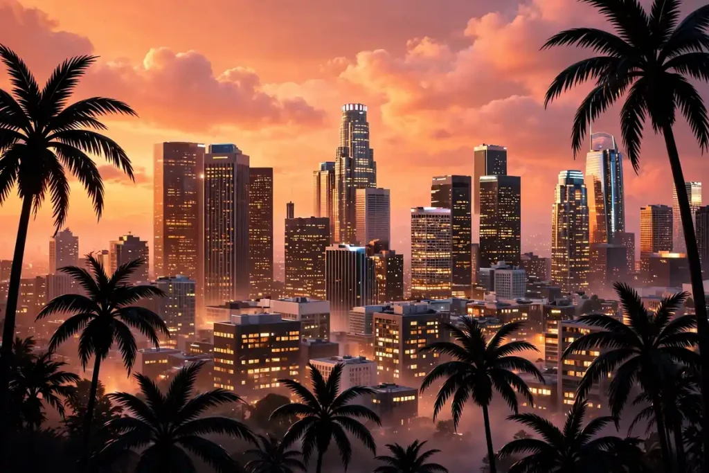 3D render of the Los Angeles skyline at dusk with palm trees