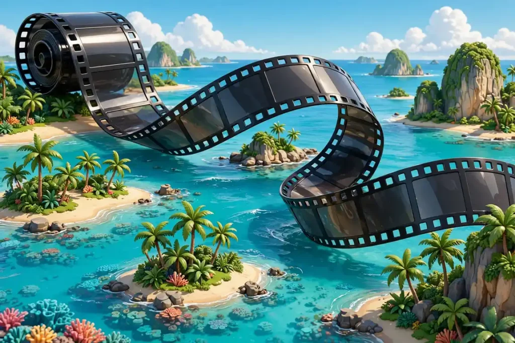 Glossy 3D illustration of a film strip unrolling over tropical Philippine islands