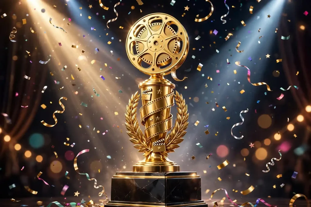Glossy 3D render of a golden film award trophy with confetti and spotlight beams