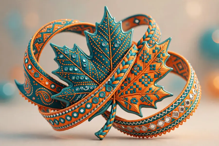 Glossy 3D render of a Canadian maple leaf blending with Indian Gujarati paisley patterns and peacock feathers
