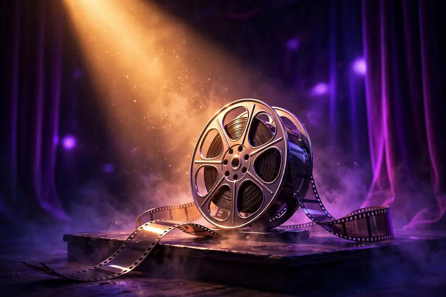 Glossy 3D render of a theater stage spotlight with a film reel, symbolizing Avan Jogia's acting career